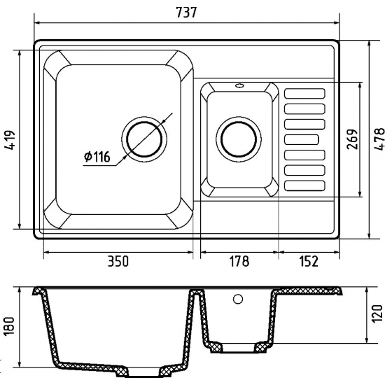Мойка для кухни GRANFEST Quarz(ECO) Z21K 1.5 чаши+крыло 737х478 мм кварцевая, серый