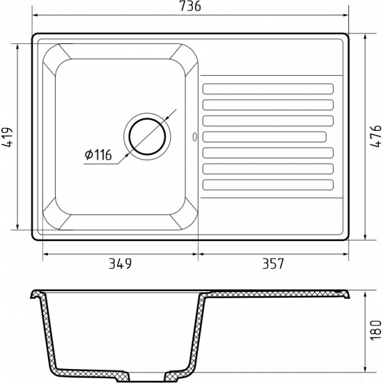 Мойка для кухни GRANFEST Quarz(ECO) Z78 чаша+крыло 736х476 мм кварцевая, песочный