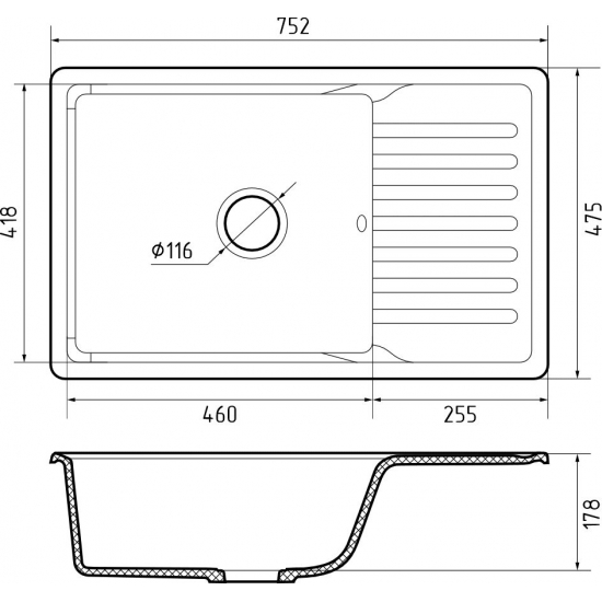 Мойка для кухни GRANFEST Quarz(ECO) ZW-72 чаша+крыло 752х475 мм кварцевая, чёрный