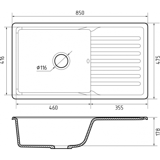 Мойка для кухни GRANFEST Quarz(ECO) ZW-73 чаша+крыло 850х475 мм кварцевая, терракот