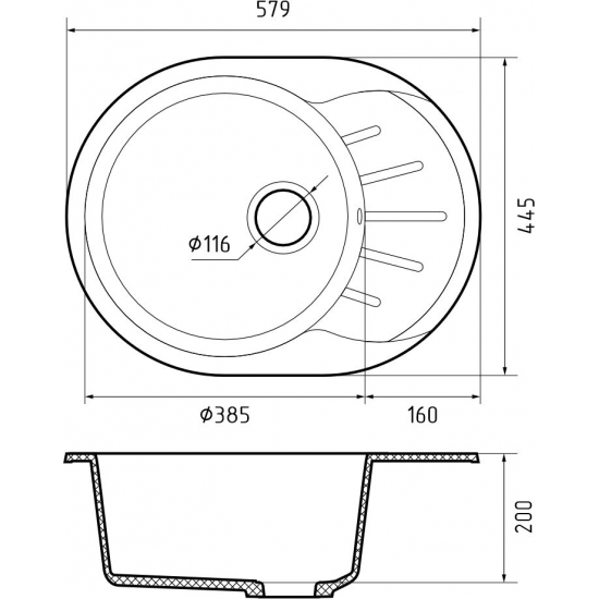 Мойка для кухни GRANFEST Rondo 580L чаша+крыло 579х445 мм, иней