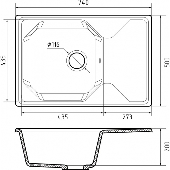 Мойка для кухни GRANFEST Unique 740L чаша+крыло 740х500 мм, терракот