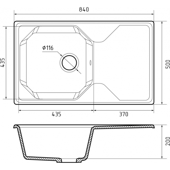 Мойка для кухни GRANFEST Unique 840L чаша+крыло 840х500 мм, серый