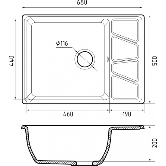 Мойка для кухни GRANFEST Vertex 680L чаша+крыло 680х500 мм, песочный