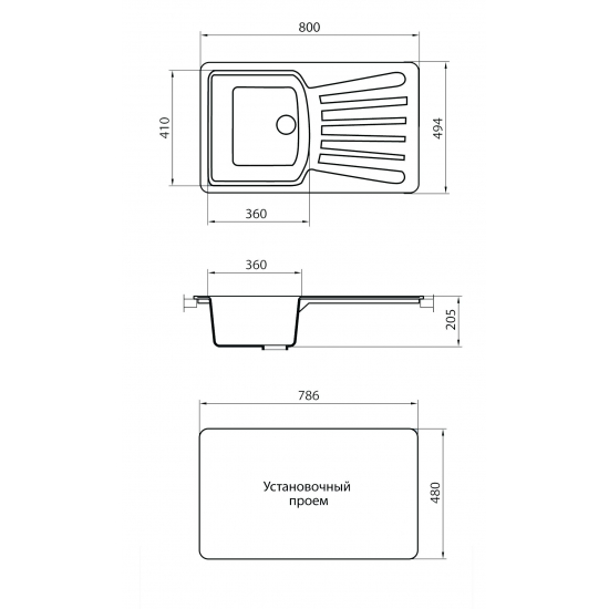 Мойка для кухни GRANICOM G-005 чаша+крыло 800х494 мм, серебристый