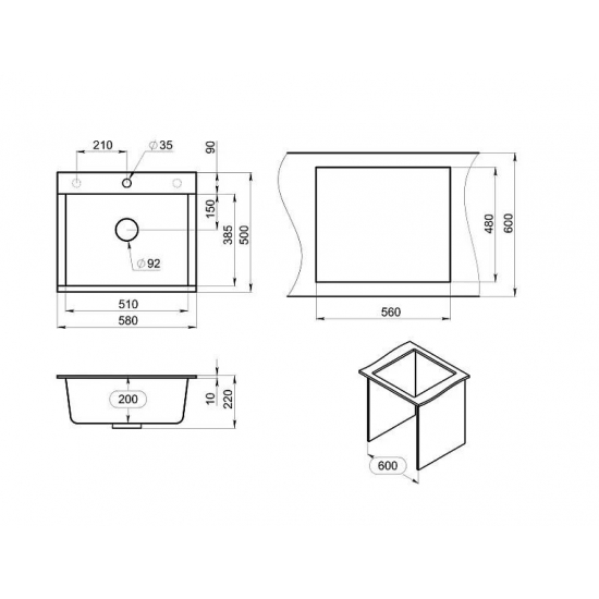 Мойка для кухни GRANULA Estetica 5804 580х500 кварцевая, шварц