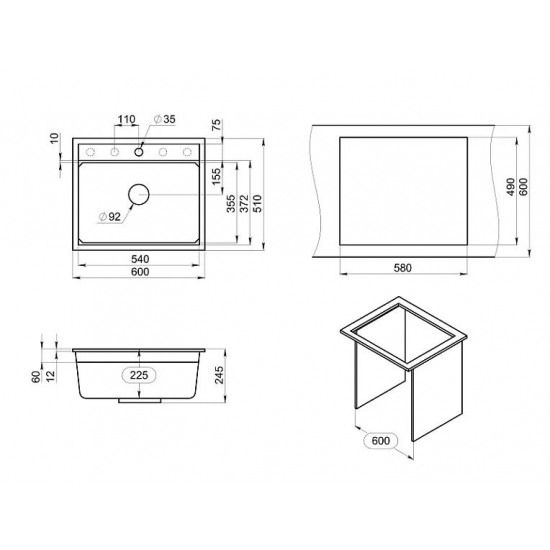 Мойка для кухни GRANULA KS-6003 600х510 кварцевая, алюминиум