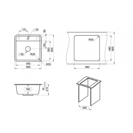 Мойка для кухни GRANULA СтандАРТ 5001 500х500 кварцевая, бежевый