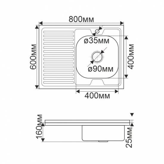 Мойка для кухни MELANA 8060 R 800х600x0,4 мм накладная правая, нержавеющая сталь