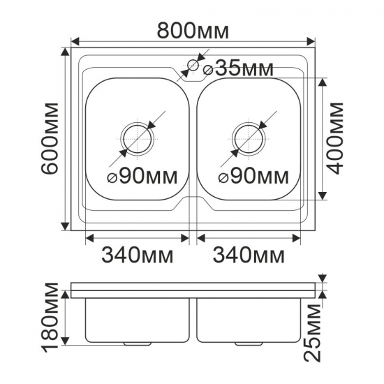 Мойка для кухни MELANA 8060SP 800х600x0,8 мм накладная, двухчашевая, нержавеющая сталь