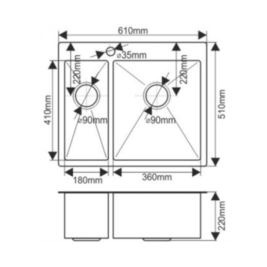 Мойка для кухни MELANA ProfLine Н6151S 610х510x3 мм двухчашевая, с коландером, сатин