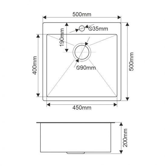 Мойка для кухни MELANA ProfLine R5050HK 500х500x3 мм, сатин