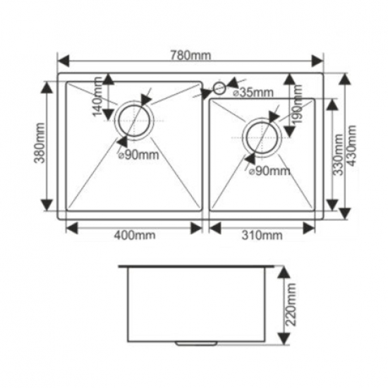 Мойка для кухни MELANA ProfLine S7843H 780х430x3 мм двухчашевая, сатин