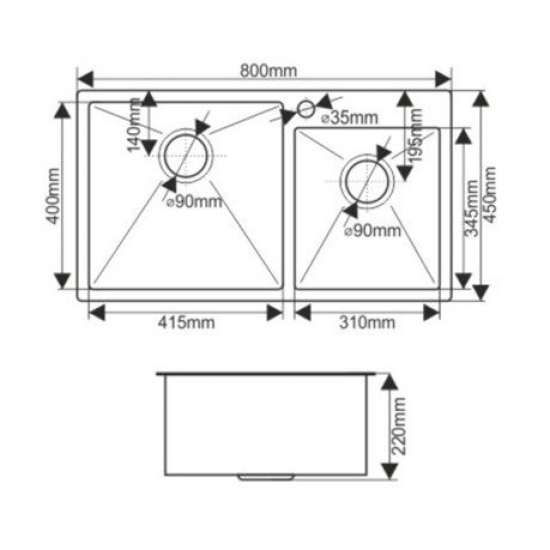 Мойка для кухни MELANA ProfLine S8045H 800х450x3 мм двухчашевая, сатин