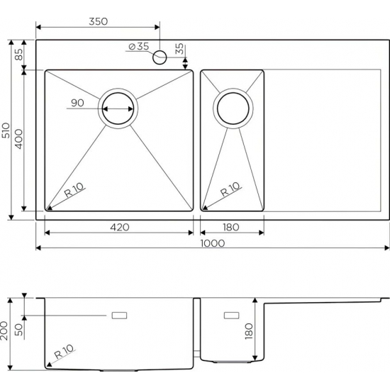 Мойка для кухни OMOIKIRI Akisame 100-2-L LG двухчашевая 1000х510x1,2 мм, левая, золото