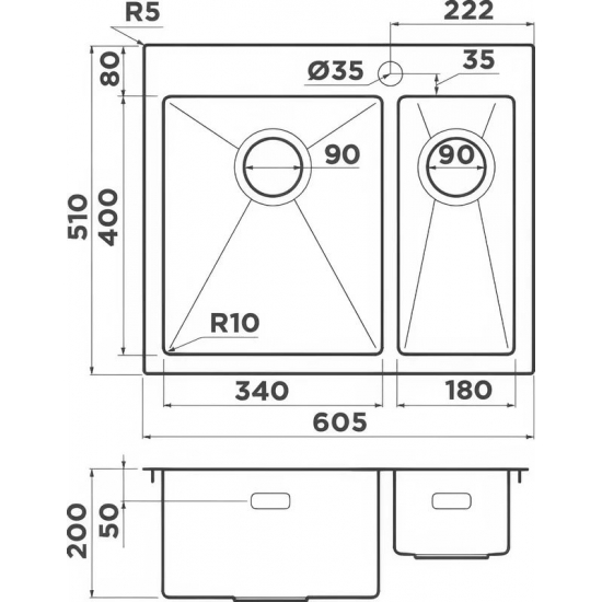 Мойка для кухни OMOIKIRI Akisame 60-2-L IN двухчашевая 605х510x1,2 мм