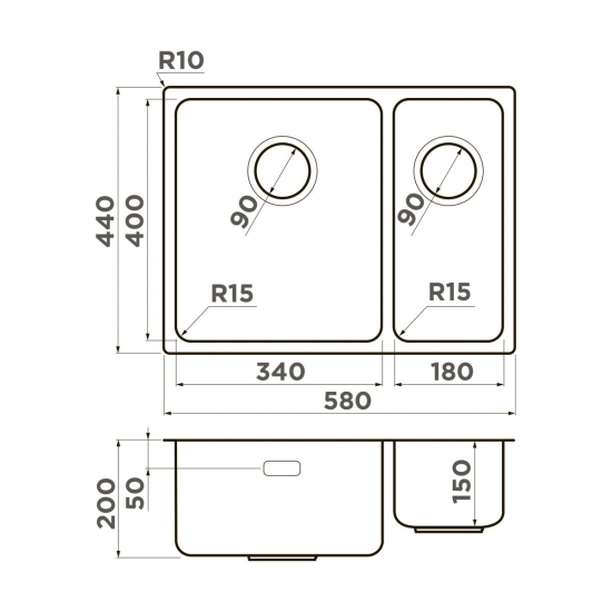 Мойка для кухни OMOIKIRI Tadzava 58-2-U/I Ultra 15-L IN двухчашевая 580х440x1 мм, левая