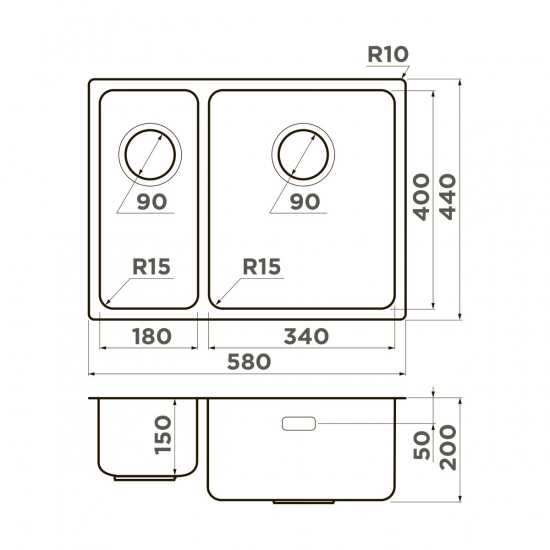Мойка для кухни OMOIKIRI Tadzava 58-2-U/I Ultra 15-R IN двухчашевая 580х440x1 мм, правая