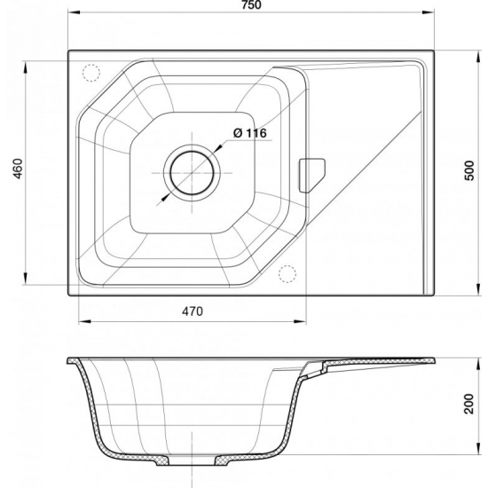 Мойка для кухни RIVELATO Locus 75 с крылом 750х500 мм кварцевая, antracite