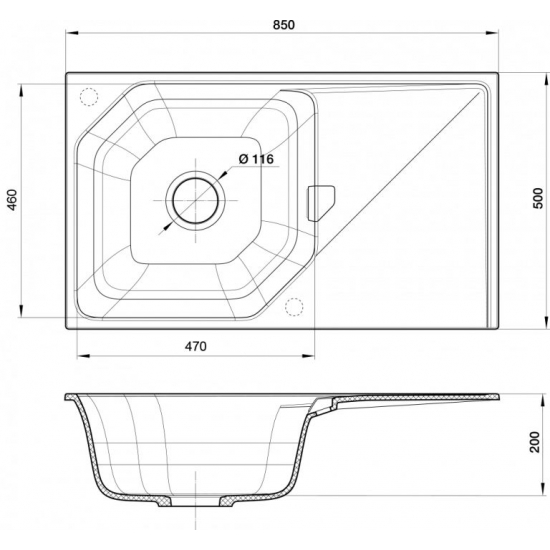 Мойка для кухни RIVELATO Locus 85 с крылом 850х500 мм кварцевая, grigio metallizzato