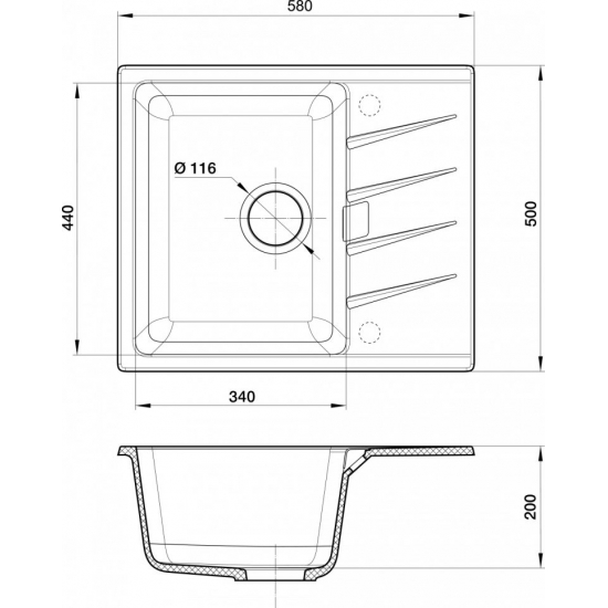 Мойка для кухни RIVELATO Raum 58 с крылом 580х500 мм кварцевая, grigio metallizzato
