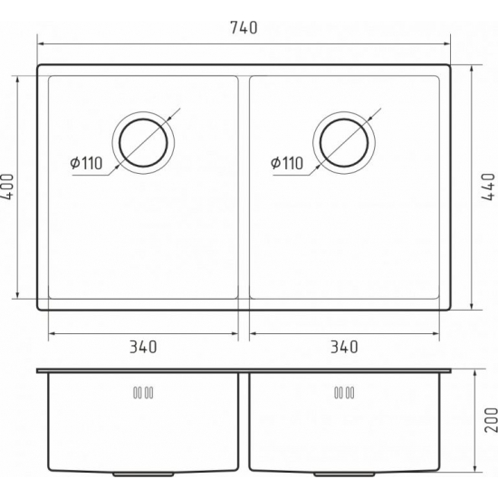 Мойка для кухни RIVELATO Rinox 7444 U2 740х440x1 мм, двухчашевая, сатин