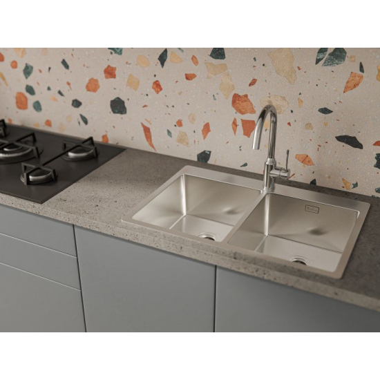 Мойка для кухни RIVELATO Rinox 7450 740х500x1 мм, двухчашевая, сатин