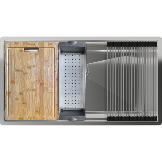 Мойка для кухни RIVELATO Rinox 8044 UN 800х440x1 мм, с коландером и ролл-матом, сатин