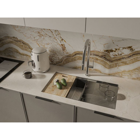 Мойка для кухни RIVELATO Rinox 8044 UN 800х440x1 мм, с коландером и ролл-матом, сатин