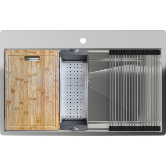 Мойка для кухни RIVELATO Rinox 8050 800х500x1 мм, с коландером и ролл-матом, сатин