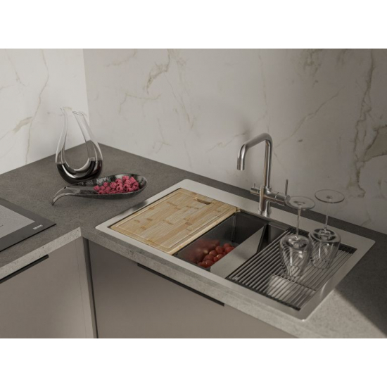 Мойка для кухни RIVELATO Rinox 8050 800х500x1 мм, с коландером и ролл-матом, сатин