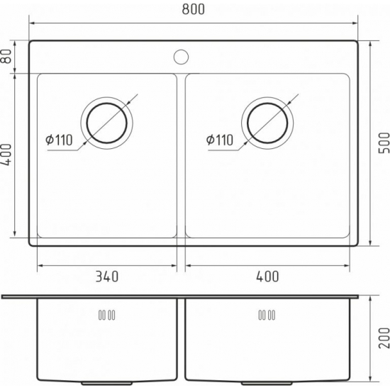 Мойка для кухни RIVELATO Rinox 8050B2 800х500x1 мм, двухчашевая, PVD black