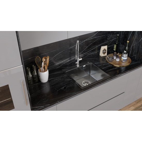 Мойка для кухни SANTREK AQUA PRO D5050HB 500х500x3 мм, с дозатором и коландером, графит