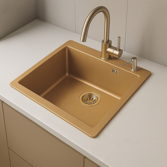 Мойка для кухни SANTREK AQUA PRO D5050HC 500х500x3 мм, с дозатором и коландером, бронза