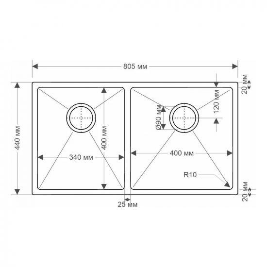 Мойка для кухни SEAMAN Eco Marino SME-805DL двухчашевая 805х440x1,2 мм, правая