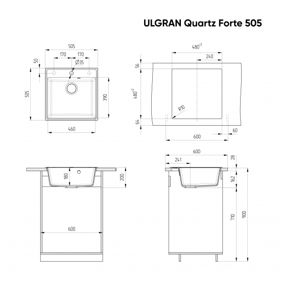 Мойка для кухни ULGRAN Quartz Forte 505 505х505 кварцевая, бетон