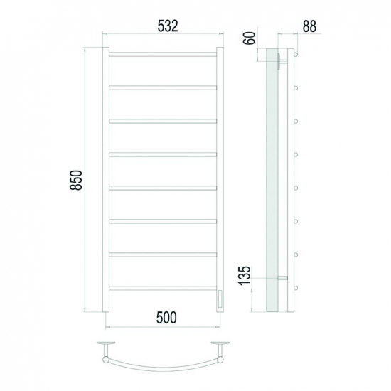 Полотенцесушитель электрический TERMINUS Классик П8, 500х850, сатин (quick touch)