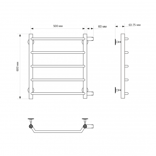 Полотенцесушитель водяной MIXLINE Mira 60х50 1'' трапеция, 5 перекладин, боковое подключение
