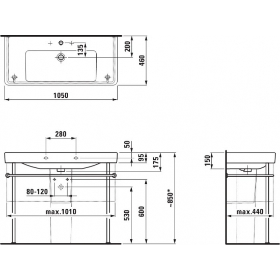 Раковина LAUFEN Pro S 105 см 8.1396.6.000.104.1, с полупьедесталом