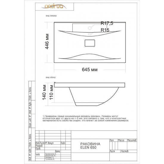 Раковина мебельная ANDREA Elen 65 (для тумб AURA Элен)