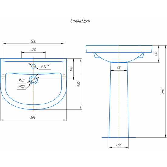 Раковина ROSA Стандарт 56 с пьедесталом