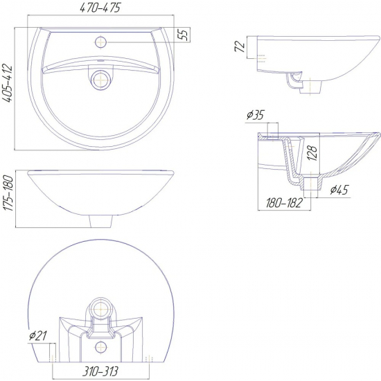 Раковина SANITA Аттика 48 белая, с пьедесталом
