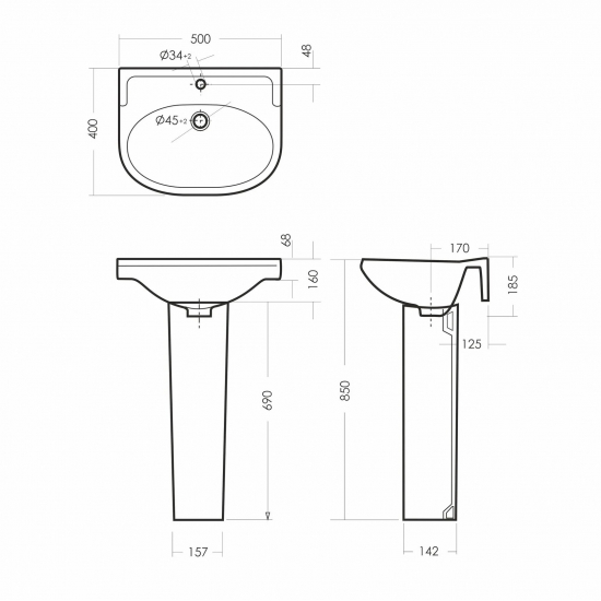 Раковина SANITA Комфорт 48 белая, с пьедесталом