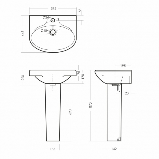 Раковина SANITA Самарский 55 белая, с пьедесталом
