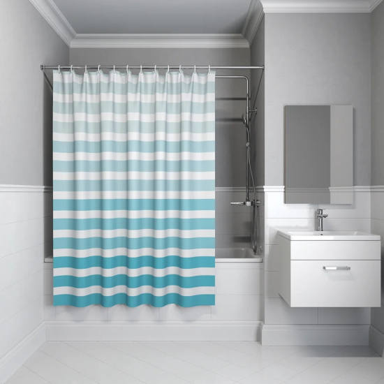 Штора для ванной IDDIS B05P218I11 Basic 180x180 бело-синяя полоска, c кольцами