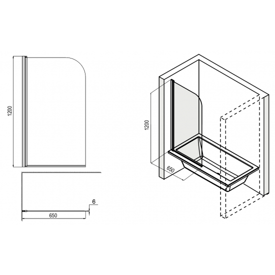 Шторка для ванны LORANTO CS-F01 120x65 прозрачное стекло 6 мм