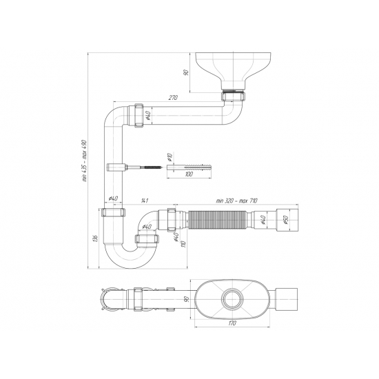 Сифон АНИ ПЛАСТ DR5015 1 1/2"*40 прямоточный смещенный с разрывом струи, с гибкой трубой 40*40/50