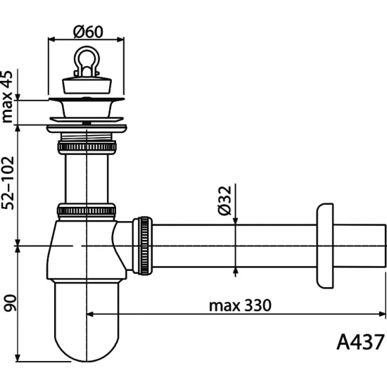 Сифон для раковины  ALCA PLAST Ø32, цельнометаллический, с водосливом 5/4" A437