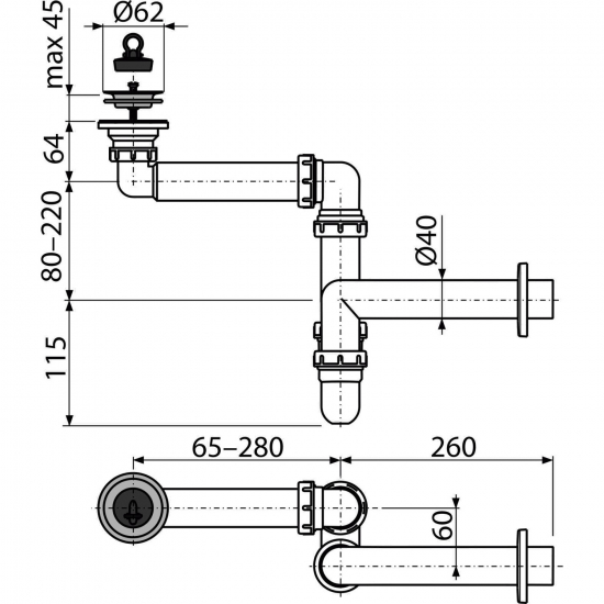 Сифон для раковины  ALCA PLAST A413 1 1/2*40 прямоточный смещенный