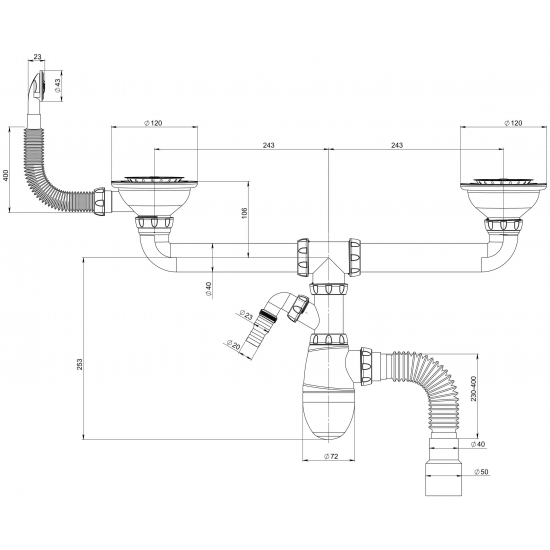 Сифон для раковины двойной UNICORN B731V  3 1/2"*40 с носиком с круглым переливом с гофрой 40*40/50
